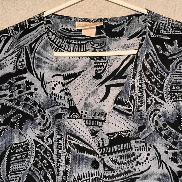 Carroll Reed  Women's Blue & Black Short Sleeve V-Neck Button Down Blouse Size X - Picture 2 of 9